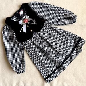 Vintage 90s MiMi Fashion Vest & Dress Set Girls Size 4T Black White Gingham Bow